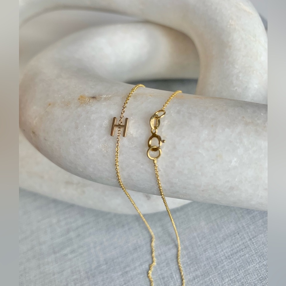14k solid gold MAYA BRENNER ASYMMETRICAL INITIAL NECKLACE by Mark & Graham, “H”